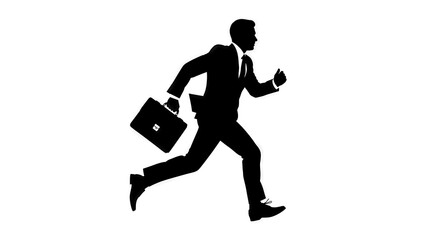 Obraz premium Silhouette of a businessman urgently rushing, carrying a briefcase and running at full speed