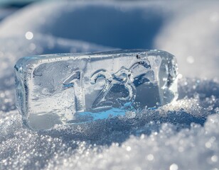 Close-up of a clear ice cube with numbers 1, 2, and 3 etched onto its surface, resting on sparkling snow