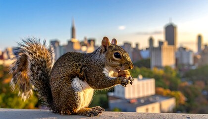 Squirrel enjoys a nut with a distant cityscape and setting sun backdrop
