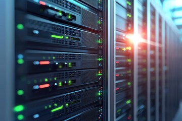 Naklejka premium Modern data center with rows of glowing server racks and colorful status lights representing cloud technology, IT infrastructure, and high-performance digital computing systems