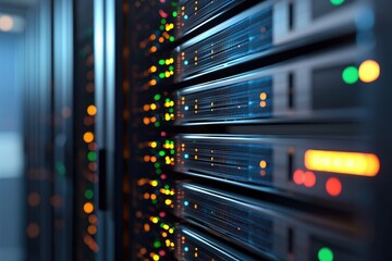 Naklejka premium Close-up view of modern data center server racks with colorful indicator lights representing digital technology, IT infrastructure, and high-performance cloud computing systems