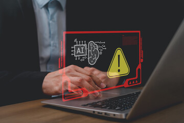 Close up of businessman typing on laptop with digital AI interface and warning sign overlay, symbolizing artificial intelligence error, system alert and cybersecurity risk in technology concept.