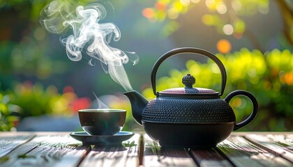 Steaming tea cup & pot on wooden surface, sunlit floral garden background. Calming, tranquil scene