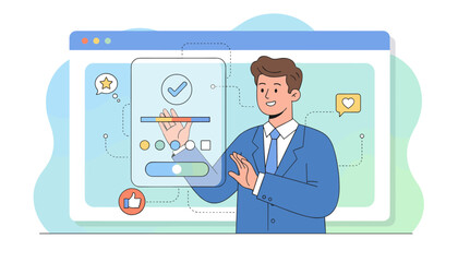 Modern digital feedback form interface with a smiling businessman in a blue suit interacting with elements like a progress bar, rating stars, like button, and heart icon, representing user experience