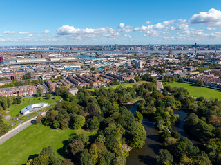 View of Birkenhead Park with town and docks in the distance, Wirral, England