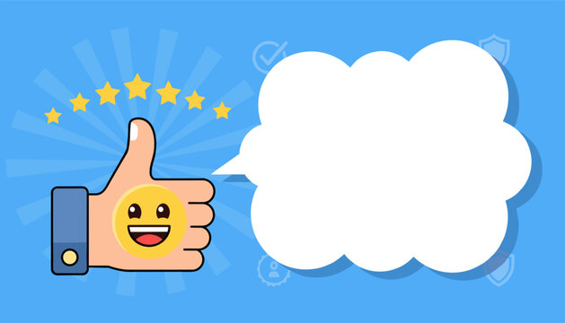 Customer service satisfaction concept with a hand giving a thumbs up and five yellow stars, a happy smiley face on the thumb, and a large white speech bubble for text, set against a blue background