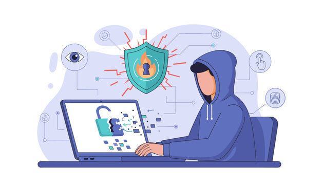 Cybersecurity concept illustration showing a hooded hacker figure breaking into a laptop with a cracked padlock, data flowing out, and a shield with a keyhole and flames symbolizing a security