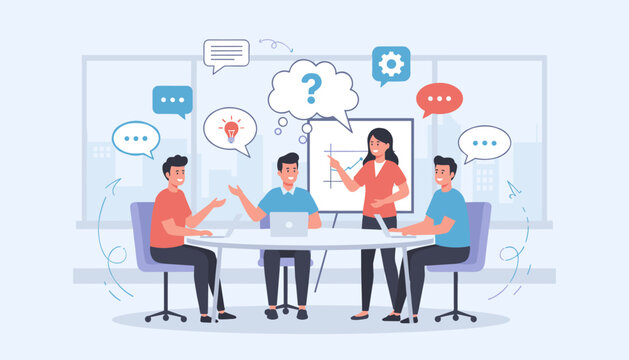 Diverse team of professionals engaged in a lively business meeting, brainstorming ideas with speech bubbles, laptops, and a presentation chart, symbolizing collaboration, communication, and