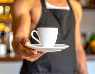 Waiter in black apron stretches a cup of coffee