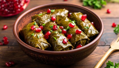 Stuffed grape leaves garnished with pomegranate seeds, served in rustic bowl on wooden table with herbs and fruit