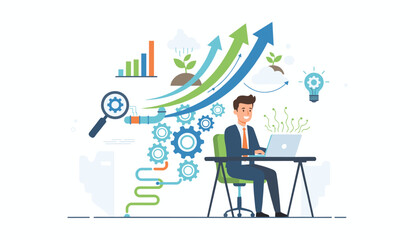 Business growth and efficiency improvement concept with a man working on a laptop, gears, pipes, charts, growing plants, and upward arrows symbolizing progress and innovation in a modern office