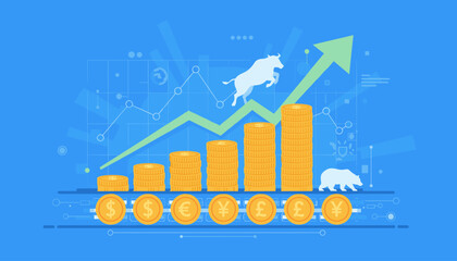 Vibrant financial concept illustration featuring a rising green arrow graph, stacks of golden coins symbolizing wealth and investment growth, alongside iconic currency symbols and silhouettes of a