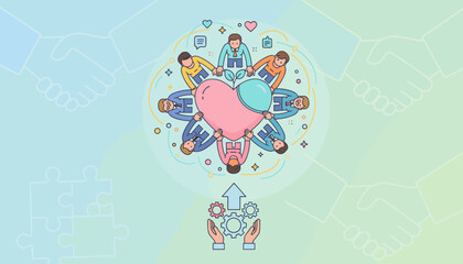 Vivid illustration of a diverse team of people collaborating around a large heart symbol, representing unity, teamwork, and shared values, with gears and an upward arrow symbolizing progress and