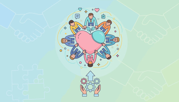 Vivid illustration of a diverse team of people collaborating around a large heart symbol, representing unity, teamwork, and shared values, with gears and an upward arrow symbolizing progress and