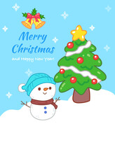 christmas vector card with cute snowman and tree