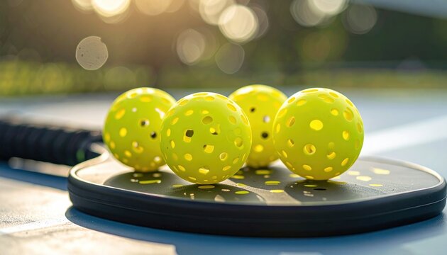 Close-up of Pickleball Paddle and Bright Yellow Balls Ready for a Game Outdoors