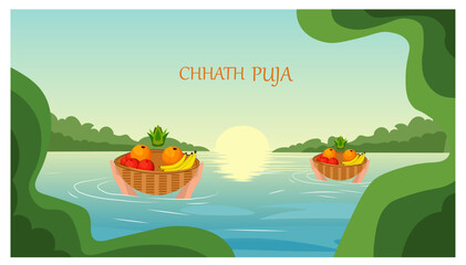 Chhath Puja Sunrise Offering Vector Art Devotee Prasad Basket