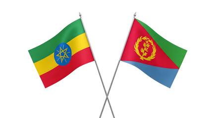 The image shows the flags of Ethiopia and Eritrea side-by-side with their poles meeting in the middle on a white background.