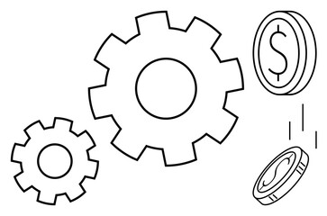 Two interlocked gears turning beside falling coins, representing finance, productivity, teamwork, economic growth, automation, investment, and profitability. Ideal for simple flat metaphor