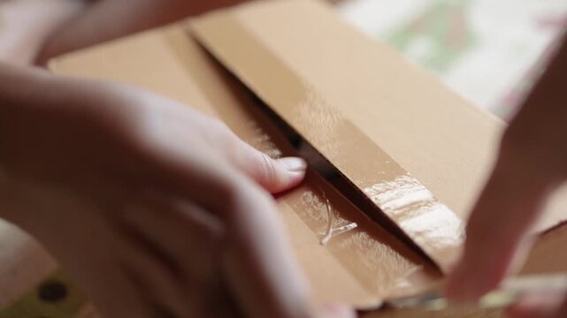 hands carefully opening a cardboard package box, unboxing parcel box, representing online shopping, delivery, or parcel unpacking concept