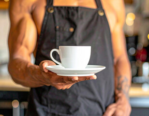 Waiter in black apron stretches a cup of coffee