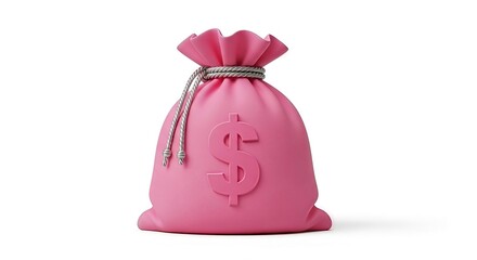 Stylized render of a vibrant pink money bag with a prominent dollar sign symbol