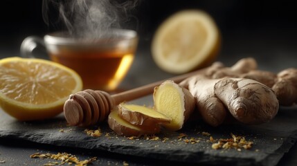 Ginger tea with fresh lemon and honey served on slate with steam rising from the cup