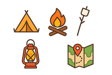 Fototapeta premium Outdoor camping and hiking essentials including tent, campfire, lantern, map, and marshmallow stick
