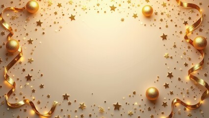 festive background top view with golden confetti stars and serpentine streamers on light surface creating celebration atmosphere concept of christmas, new year, party industry