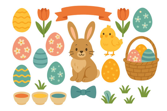 Cute Easter holiday set with bunny, chick, colorful decorated eggs, tulips, and basket