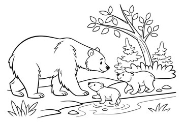 A cute bear family (mother and two cubs) playing near a small stream in the forest, line art, coloring page, clean black outline, white background, no fill, no shading, no colors, vector illustration