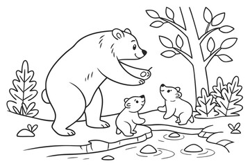 A cute bear family (mother and two cubs) playing near a small stream in the forest, line art, coloring page, clean black outline, white background, no fill, no shading, no colors, vector illustration