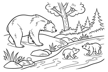 A cute bear family (mother and two cubs) playing near a small stream in the forest, line art, coloring page, clean black outline, white background, no fill, no shading, no colors, vector illustration