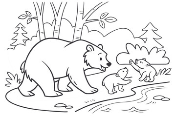 A cute bear family (mother and two cubs) playing near a small stream in the forest, line art, coloring page, clean black outline, white background, no fill, no shading, no colors, vector illustration