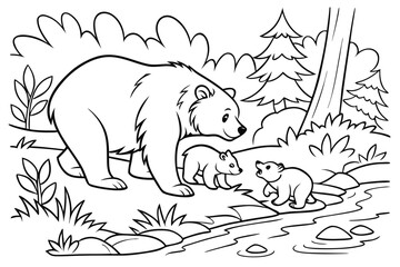 A cute bear family (mother and two cubs) playing near a small stream in the forest, line art, coloring page, clean black outline, white background, no fill, no shading, no colors, vector illustration