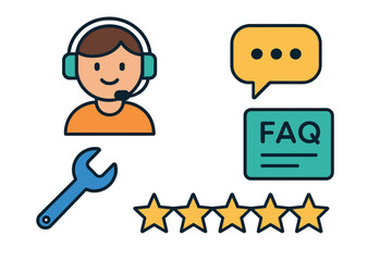 Set of symbols representing helpdesk assistance, technical tools, communication, and quality rating