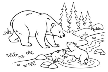 A cute bear family (mother and two cubs) playing near a small stream in the forest, line art, coloring page, clean black outline, white background, no fill, no shading, no colors, vector illustration