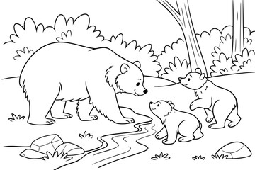A cute bear family (mother and two cubs) playing near a small stream in the forest, line art, coloring page, clean black outline, white background, no fill, no shading, no colors, vector illustration