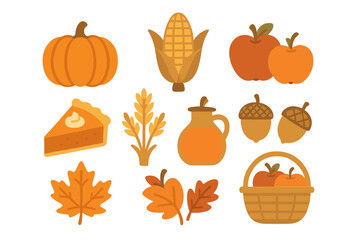Autumn harvest collection featuring pumpkin, corn, apples, pie, and fall leaves © icon_art