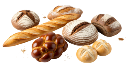 Assortment of various freshly baked breads, including baguette, rolls, and loaves, isolated on white.