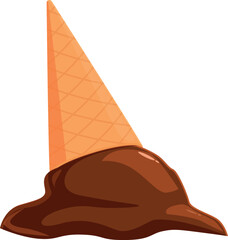 Chocolate ice cream melting from its cone on a white background, representing summer heat or disappointment