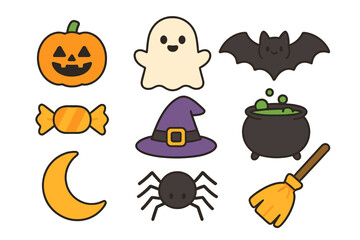 Cute collection of Halloween symbols including pumpkin, ghost, bat, witch hat, cauldron, and spider