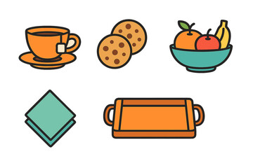 Collection of breakfast and snack items: hot tea, cookies, fruit bowl, and serving tray