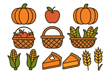 Autumn harvest elements including pumpkins, apples, corn, wheat, and pumpkin pie slices