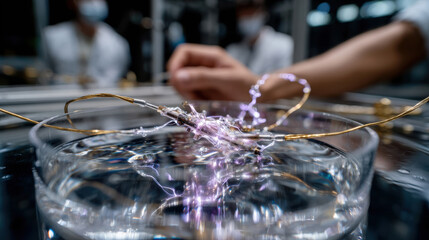 Dramatic electric sparks dance within a laboratory setting, merging water and technology, capturing the essence of modern experimentation and the beauty of scientific endeavor.