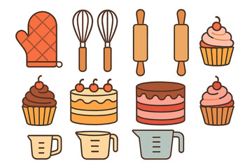 Colorful set of kitchen baking utensils, equipment, and sweet desserts including cakes and oven mitt