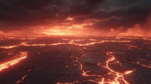Fiery lava flows beneath a dark dramatic sky depicting a scorched and arid landscape