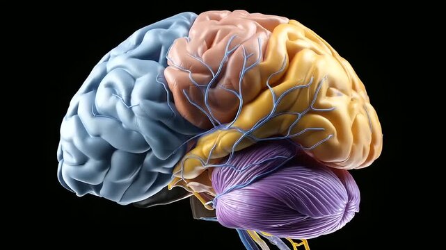 3D medical illustration of human brain anatomy, side view with highlighted regions in different colors, neuroscience and cognitive research concept. human brain anatomy, 3D brain 