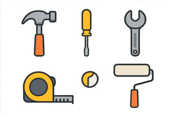 Essential construction and home repair tools set including hammer screwdriver wrench tape measure and paint roller