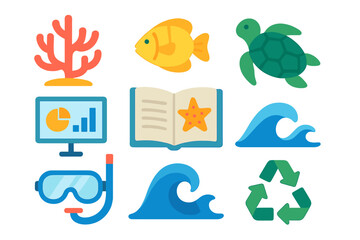 Flat colorful icons representing marine life, oceanography, diving, and ecological conservation